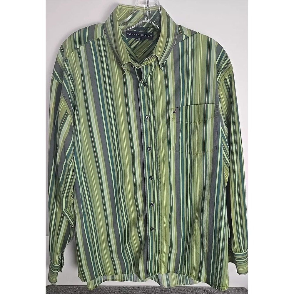 Vintage Y2k Tommy Hilfiger Striped Button Down Shirt L Large 60's Green Pattern